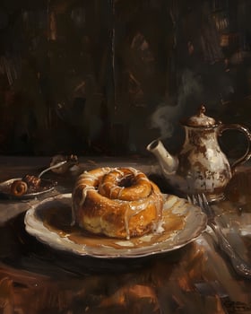 Rustic Cinnamon Roll with Icing and Vintage Teapot photo