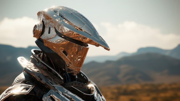 Futuristic soldier helmet with mountain landscape photo