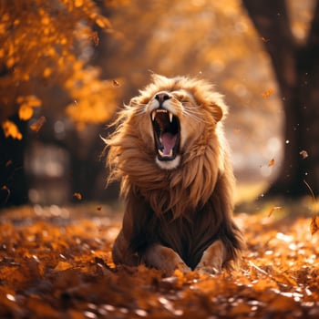 Majestic lion roaring in autumn forest photo