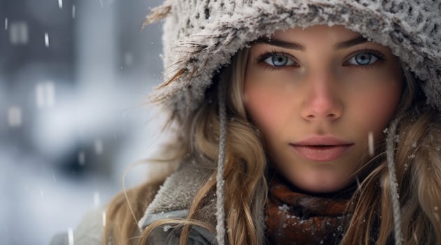 Enchanting winter portrait of a woman in a snowy landscape photo