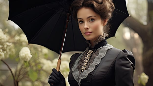 woman with umbrella in autumn landscape photo