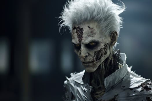Creepy zombie with white hair and glowing eyes photo
