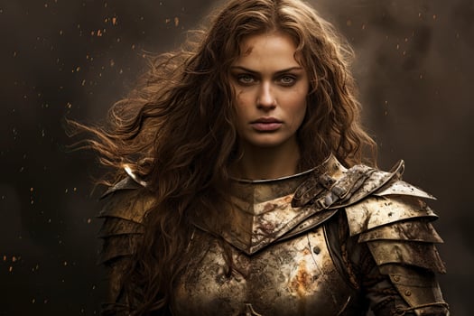 warrior woman with fierce expression in stormy environment photo