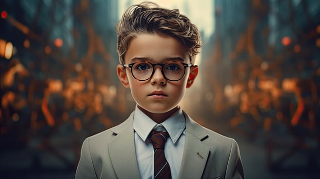 young boy in suit and glasses looking serious photo