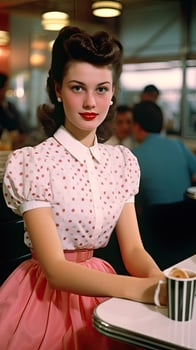 retro woman with polka dot dress and red lips photo