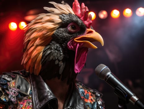 Colorful rooster with microphone performing on stage photo