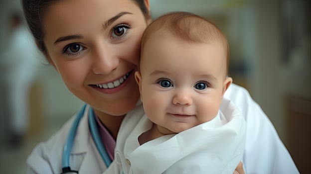 smiling doctor holding happy baby photo