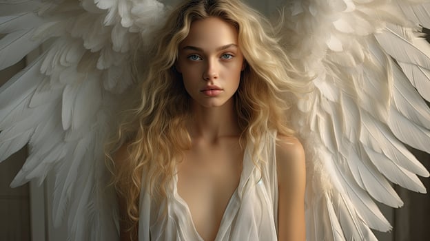 angelic woman with flowing blonde hair and wings photo