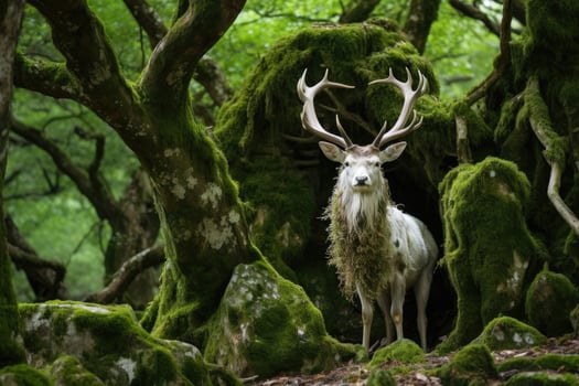 Majestic deer in a lush, mossy forest photo