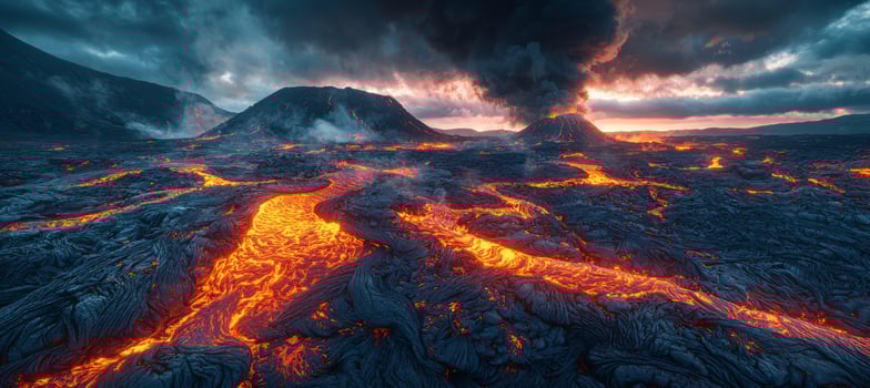 Volcanic Eruption Lava Flow Landscape Dramatic Sunset Fiery Mountains photo