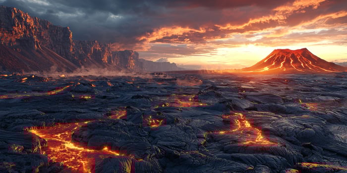 Volcanic Sunset Lava Flows Dramatic Landscape Fiery Crater photo