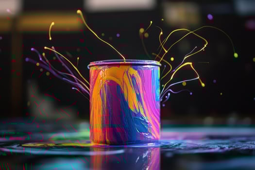 Vibrant paint splashes explode from colorful can photo
