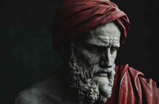 ancient philosopher statue with red cloth photo