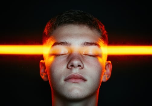Intense light shines on mans face photo