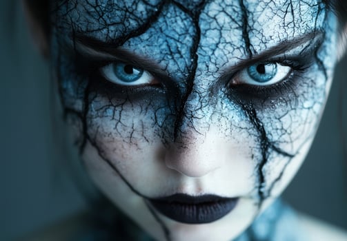 Haunting blue eyed portrait with cracked skin photo
