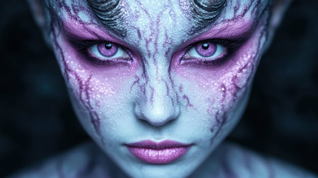 Striking alien like portrait with vibrant purple and blue hues photo