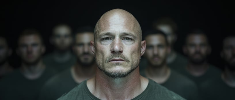Serious bald man with beard looking at camera photo