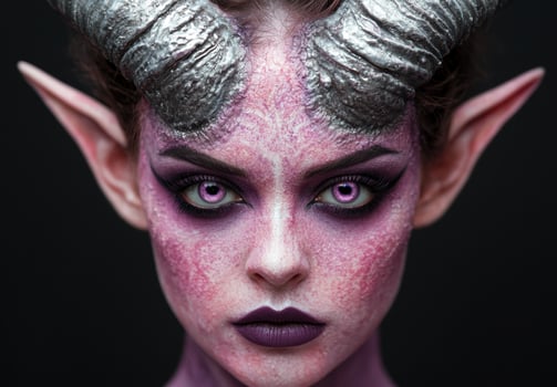 Mysterious alien creature with vibrant pink skin and horns photo