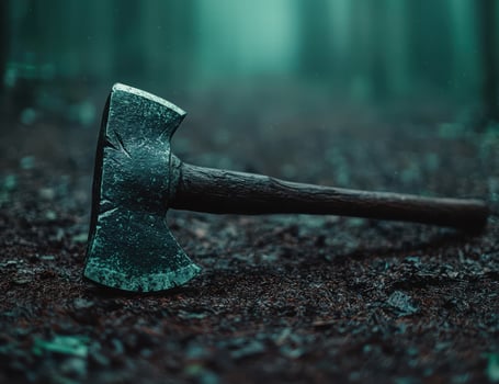 Rugged axe embedded in the earth photo
