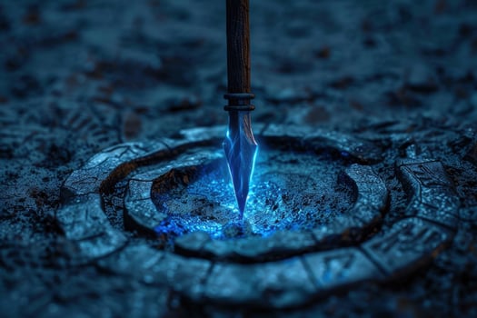 Glowing magical sword stuck in the ground photo
