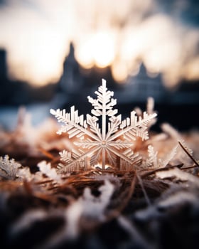 Intricate snowflake on winter ground photo