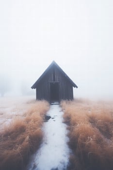 Mysterious cabin in the foggy wilderness photo