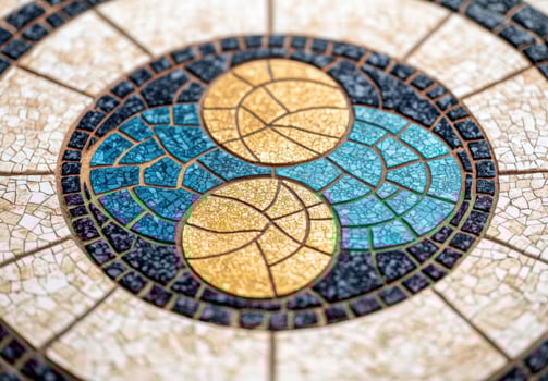 Intricate mosaic pattern with geometric shapes and vibrant colors photo