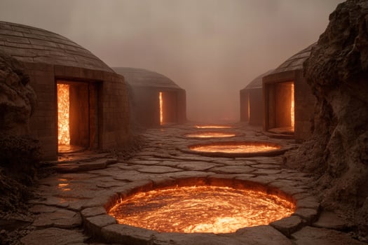 Mysterious glowing cave entrance in the mist photo