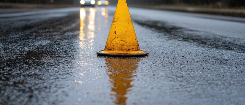 Wet road with traffic cone at night photo