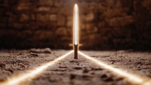 Glowing sword on rocky ground photo