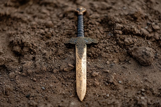 Ornate sword embedded in the ground photo