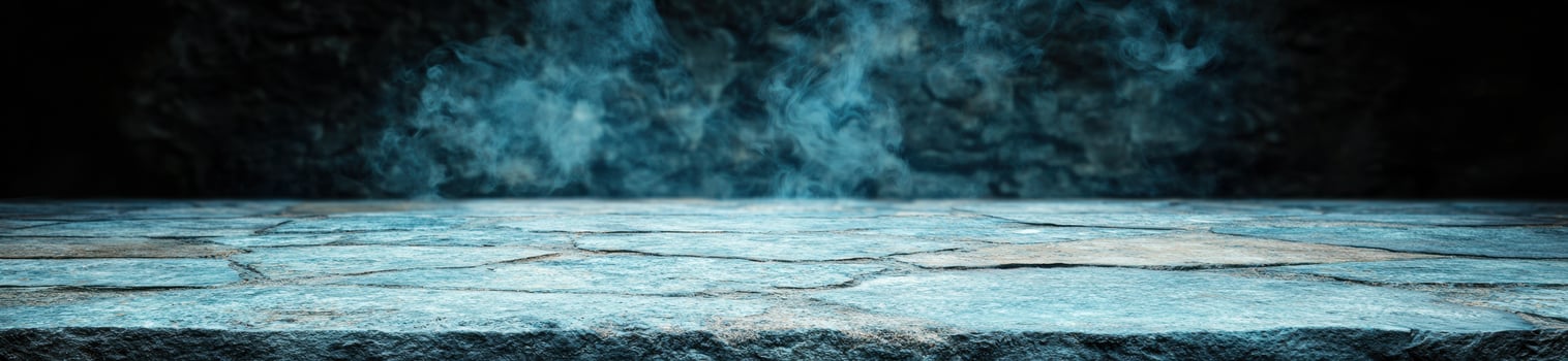 Mysterious misty landscape with wooden surface photo