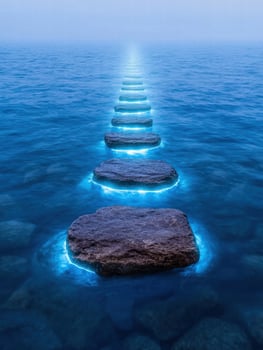 Glowing stepping stones leading across a serene ocean photo