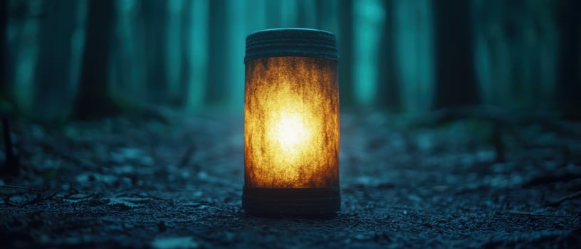 Glowing lantern in the dark forest photo