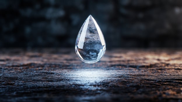 Glowing crystal water droplet on dark surface photo