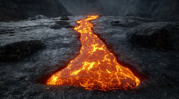 Flowing lava stream in a dark volcanic landscape photo