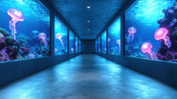 Underwater tunnel with jellyfish photo