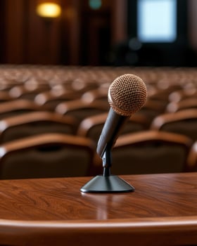 Microphone on stage in empty auditorium photo