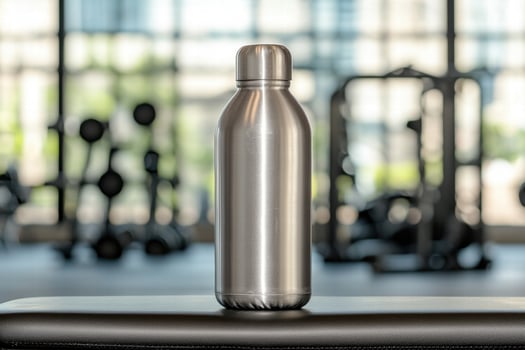 Stainless steel water bottle in gym setting photo