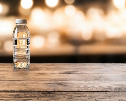 Bottle of water on wooden table with blurred background photo