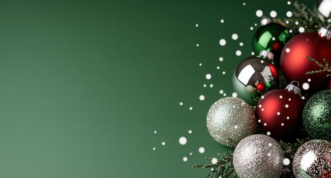 festive christmas ornaments on green background photo
