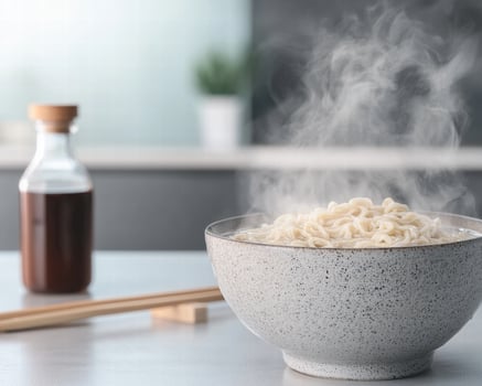Steaming bowl of noodles with soy sauce bottle photo