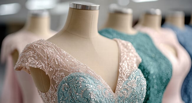 Elegant beaded evening dress on mannequin photo