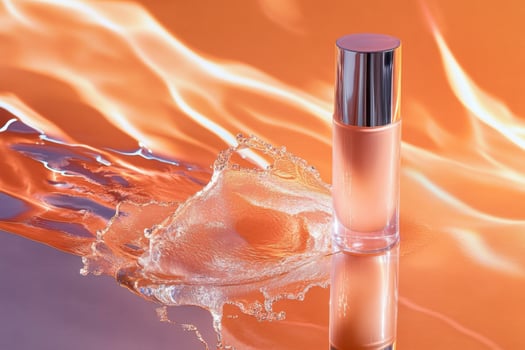 Cosmetic Product Bottle Near Water Splash And Orange Background photo