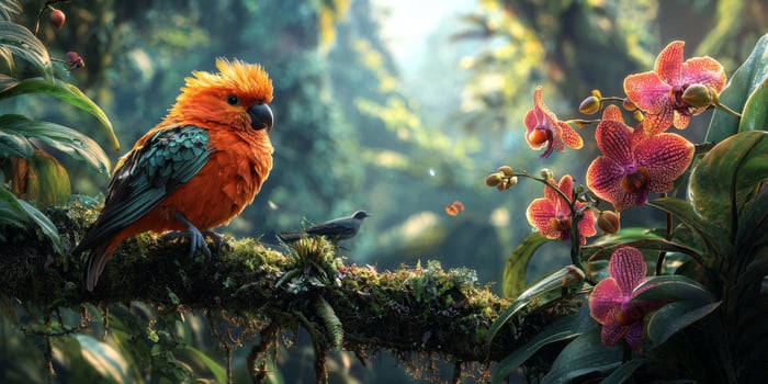 Vibrant Rainforest Canopy Bird Orchids Lush Greenery Tropical Paradise photo
