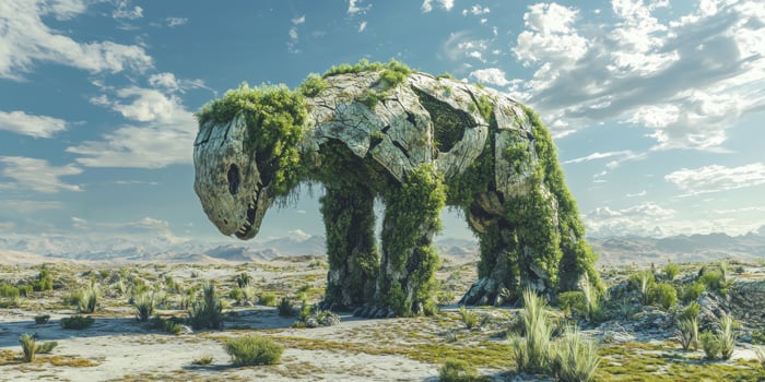 Overgrown Extinct Creature Statue in Desolate Landscape Climate Change Impact photo