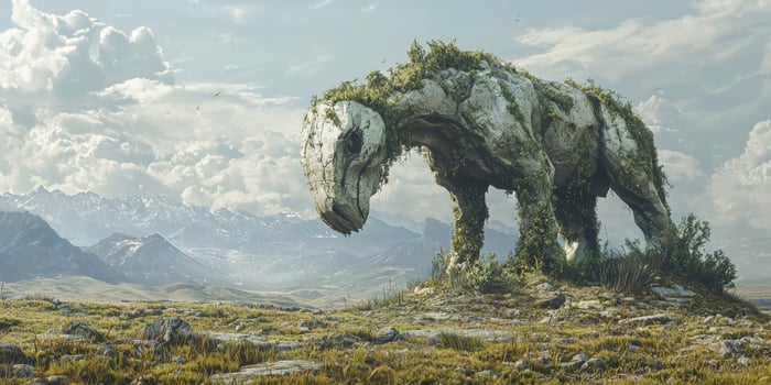 Overgrown Stone Horse Statue in Mountain Landscape Biodiversity Loss Climate Change Extinct Animal photo