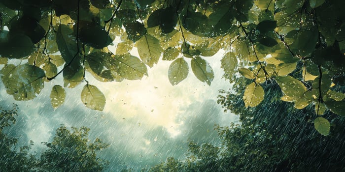 Lush Rainforest Canopy After Summer Storm Sunlit Leaves Rain Nature photo