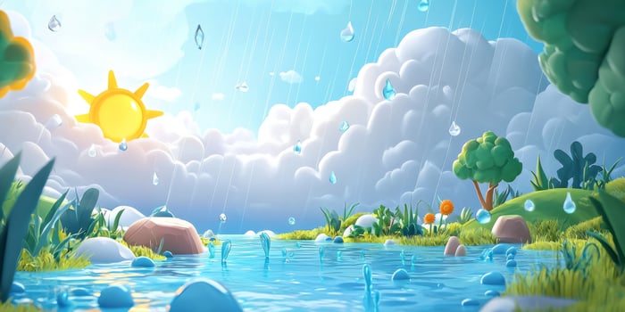 Sunny Rain Cartoon Landscape Happy Clouds Sun Raindrops Nature Illustration photo
