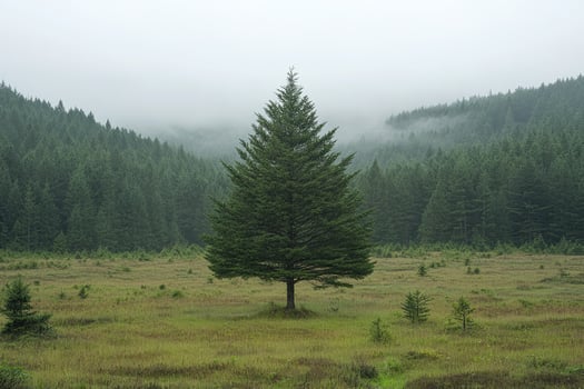 Lonely pine tree standing in meadow with misty forest in background photo